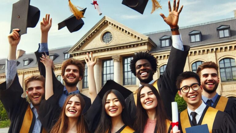 international college students graduating throwing their caps in the air