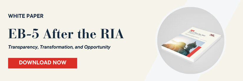 White paper cover titled "EB-5 After the RIA" featuring a sunset and the Statue of Liberty, emphasizing transparency, transformation, and opportunity in the EB-5 program, with a prominent "Download Now" button.
